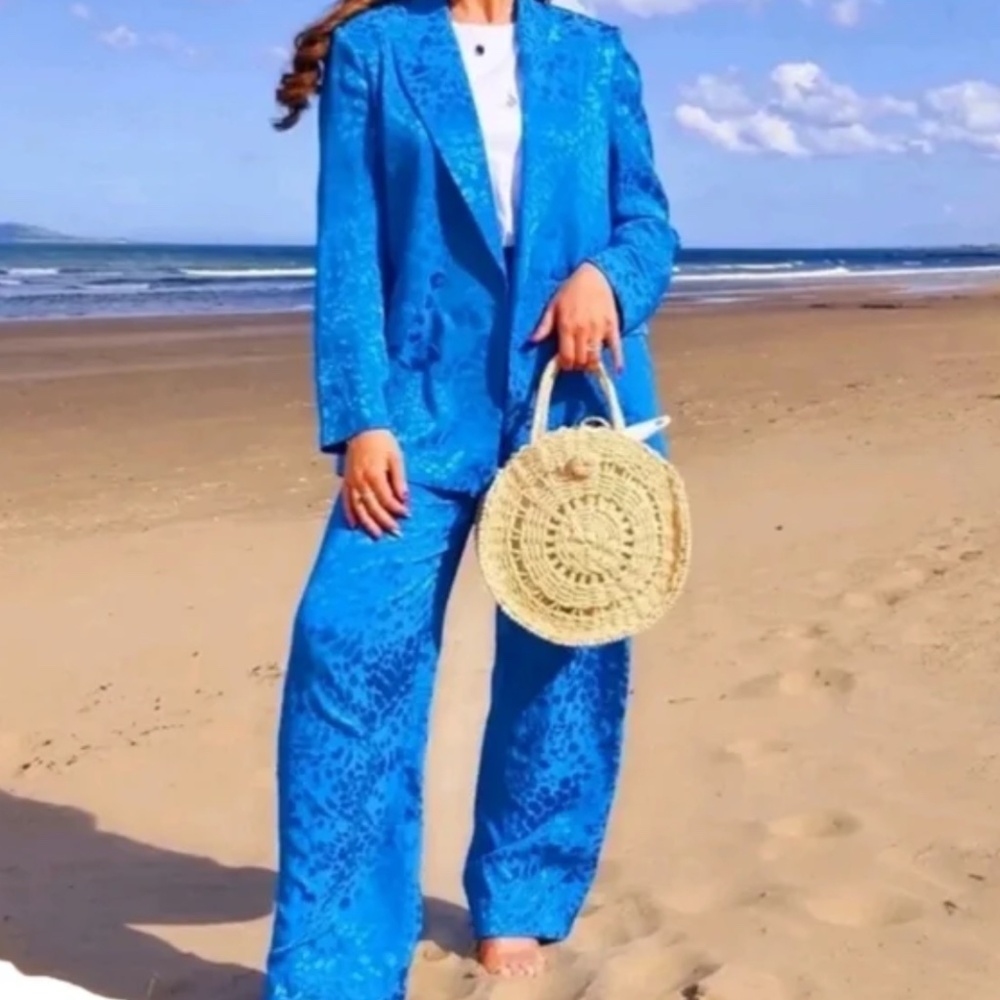 Zara Blue Leopard Print‎ Satin Wide Leg Dress Pants XS